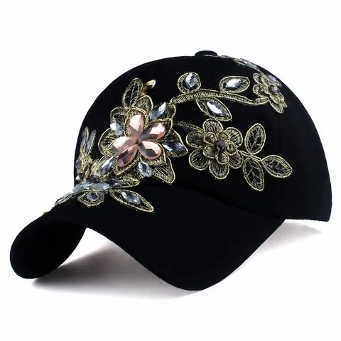 Women Fashion Rhinestone Floral Embroidery Baseball Cap Adjustable Denim Cotton Sun Hat Outdoor Casual Peaked Cap