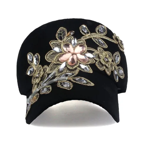 Berretto da Baseball Donna con Ricamo Floreale e Strass Regolabile in Cotone Denim Cappello da Sole Casual Outdoor
