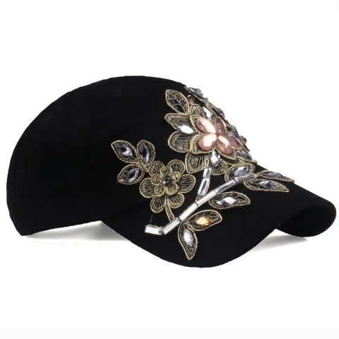 Berretto da Baseball Donna con Ricamo Floreale e Strass Regolabile in Cotone Denim Cappello da Sole Casual Outdoor