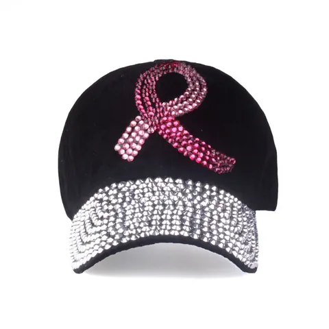 Fashion Women Rhinestone Baseball Cap Pink Ribbon Cotton Denim Sun Hat Sparkly Crystal Adjustable Sunshade Duck Tongue Hat