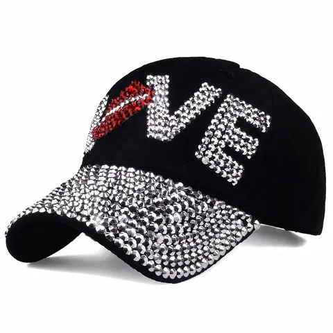 Berretto da Baseball alla Moda da Donna Con Motivo LOVE in Strass Cappello da Sole Regolabile in Cotone Denim Casual Streetwear