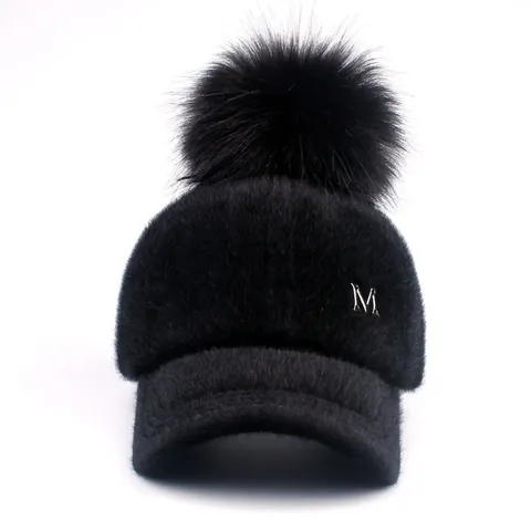 Women's Faux Fur Baseball Cap With Large Pom Pom Metal M Letter Autumn Winter Warm Plush Hat For Girls Kids