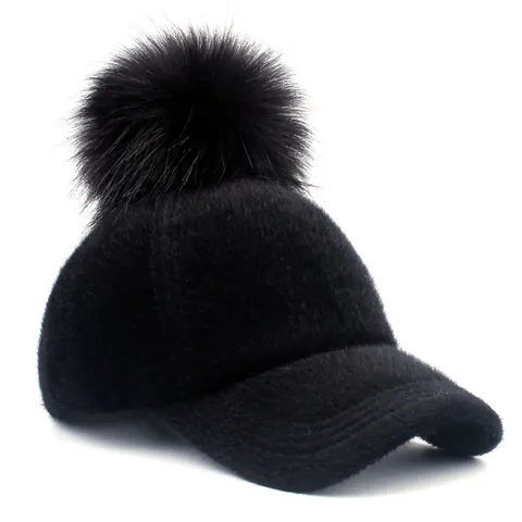 Women's Faux Fur Baseball Cap With Large Pom Pom Metal M Letter Autumn Winter Warm Plush Hat For Girls Kids