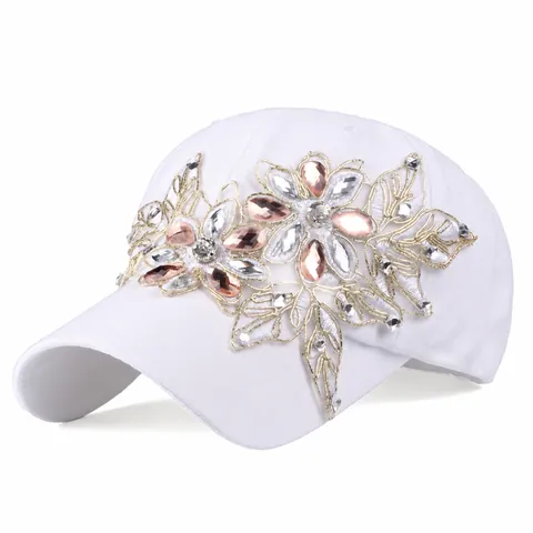 Cappello da Baseball da Donna con Fiori di Strass in Cotone Ricamato Floreale Denim Distressed Regolabile Cappello da Sole Festa Gioielli