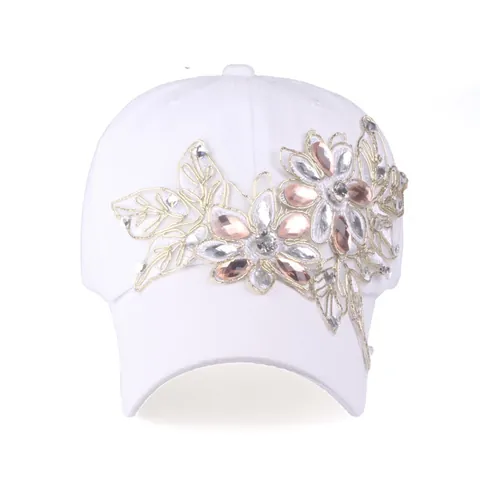 Cappello da Baseball da Donna con Fiori di Strass in Cotone Ricamato Floreale Denim Distressed Regolabile Cappello da Sole Festa Gioielli
