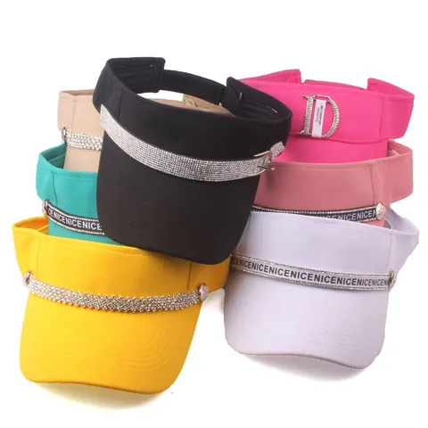 Women Casual Rhinestone Sun Visor Hat Letter Print Ribbon Wide Brim Adjustable Outdoor UV Protection Summer Travel Visor Hat