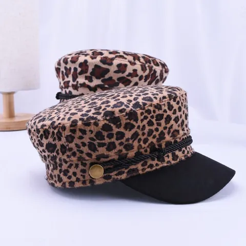 Women's Vintage Leopard Print Newsboy Hat Fashion Cotton Woolen Baker Boy Cap With Metal Button Braided Rope Sailor Hat