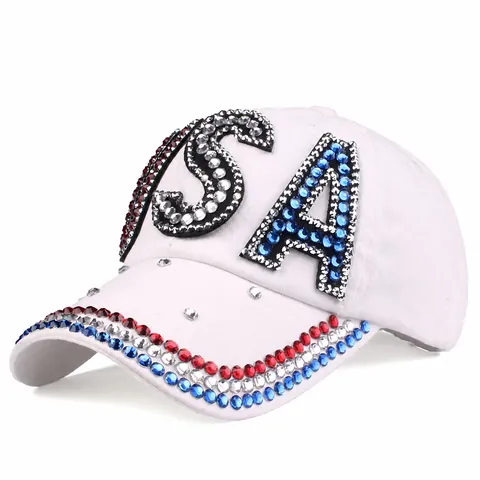 USA Rhinestone Baseball Cap Patriotic American Flag Crystal Studded Cotton Denim Adjustable Fashion Sun Protection Hat
