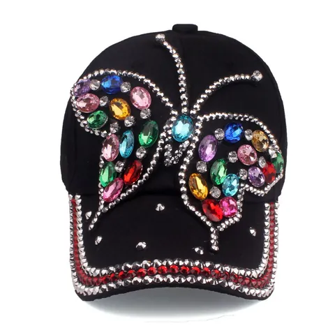 Women Fashion Cotton Butterfly Rhinestone Baseball Cap Adjustable Bling Crystal Sun Hat For Casual Outdoor Party Headwear
