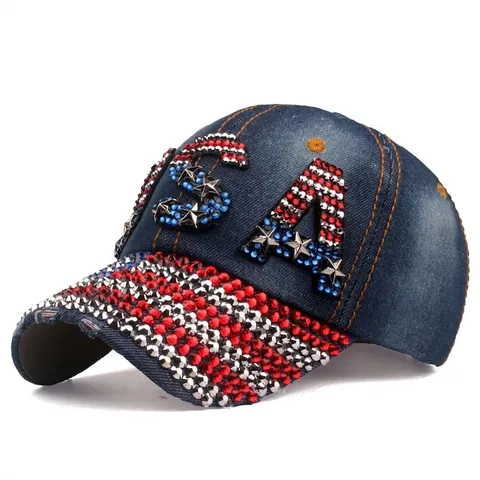 Women Rhinestone USA Letter Denim Baseball Cap Distressed Cotton Sun Hat Adjustable American Style Streetwear Fashion Hat