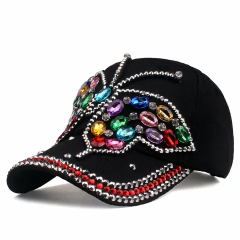 Women Fashion Cotton Butterfly Rhinestone Baseball Cap Adjustable Bling Crystal Sun Hat For Casual Outdoor Party Headwear