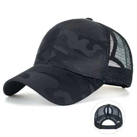Women Camo Ponytail Baseball Cap Mesh Breathable Trucker Hat Adjustable Outdoor Sun Protection Cotton Blend Sporty Hat