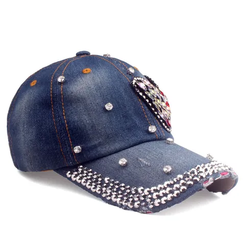 Women Denim Baseball Cap With Colorful Rhinestone Bow Distressed Washed Adjustable Cotton Sun Hat Blue Rhinestone Hat