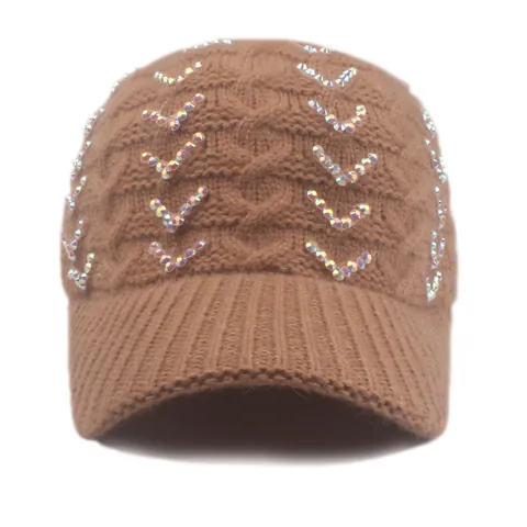 Women's Winter Warm Knitted Baseball Cap With Rhinestone V Pattern Cable Knit Adjustable Fashion Brimmed Beanie Hat