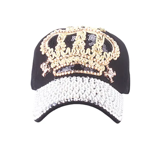 Luxury Crown Rhinestone Artificial Pearl Denim Baseball Cap Sequin Crown Metal Skull Fashion Adjustable Hip Hop Sun Hat For Women