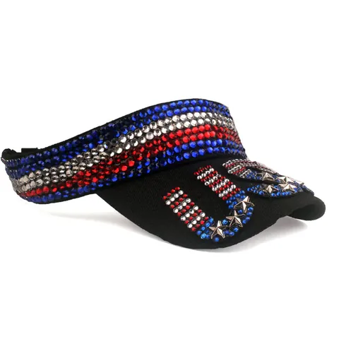 Women Men Sun Visor Hat USA Flag Rhinestone Inlaid Adjustable Summer Outdoor Breathable Athletic Sport Visor Cap With Stars Rivets