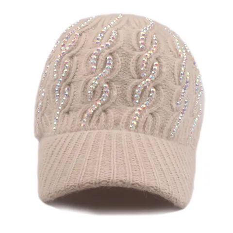 Women Winter Knitted Baseball Cap With Sparkling Rhinestone Cable Knit Pattern Warm Soft Outdoor Fashion Peak Hat