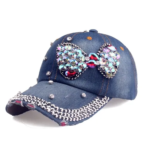 Women Denim Baseball Cap With Colorful Rhinestone Bow Distressed Washed Adjustable Cotton Sun Hat Blue Rhinestone Hat