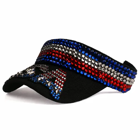 Women Men Sun Visor Hat USA Flag Rhinestone Inlaid Adjustable Summer Outdoor Breathable Athletic Sport Visor Cap With Stars Rivets