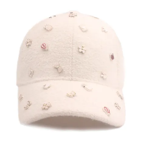 Women Thick Warm Plush Baseball Cap Fashion Enamel Pin Embellished Fleece Sun Hat Autumn Winter Outdoor Riding Adjustable Cap