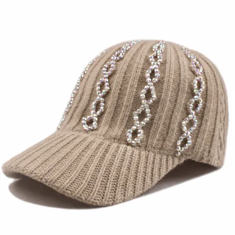 Women's Knitted Beanie Baseball Cap With Rhinestones Winter Warm Ribbed Knit Visor Hat Fashion Casual Outdoor Headwear