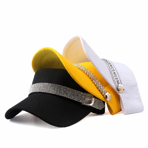 Visiera parasole casual da donna con strass stampa di lettere nastro tesa larga regolabile protezione UV outdoor estate viaggio