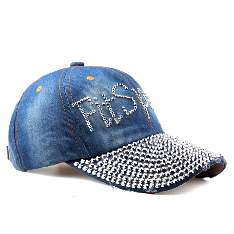 Women Denim Rhinestone Baseball Cap Spark Letter Distressed Washed Cotton Bling Sun Hat Adjustable Summer Hip Hop Trucker Cap