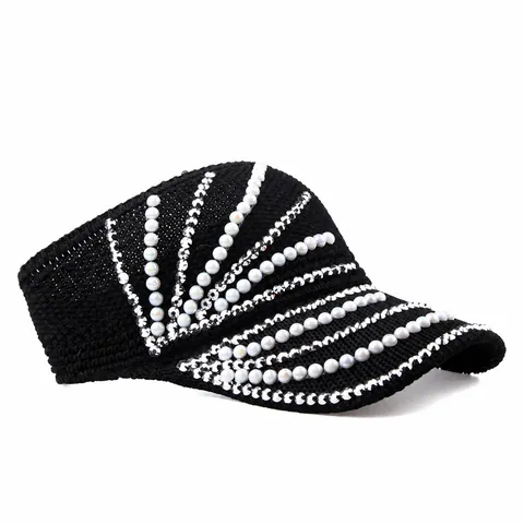 Women Fashion Knitted Sun Visor Hat Rhinestone Artificial Pearl Breathable Outdoor Sports Beach Adjustable Visor Hat