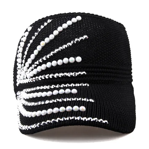 Women Fashion Knitted Sun Visor Hat Rhinestone Artificial Pearl Breathable Outdoor Sports Beach Adjustable Visor Hat