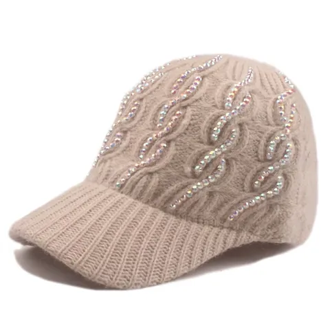 Women Winter Knitted Baseball Cap With Sparkling Rhinestone Cable Knit Pattern Warm Soft Outdoor Fashion Peak Hat