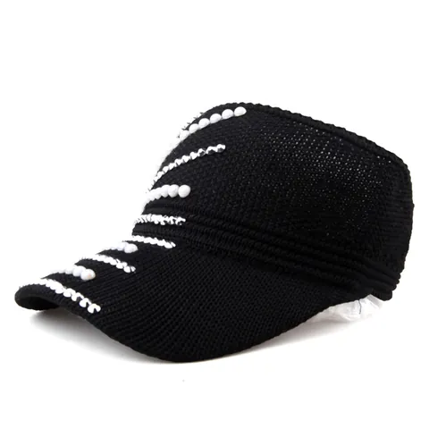 Women Fashion Knitted Sun Visor Hat Rhinestone Artificial Pearl Breathable Outdoor Sports Beach Adjustable Visor Hat