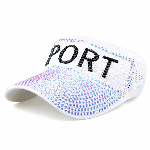 Women Fashion Knitted Sun Visor Hat Rhinestone Letter Sport Empty Top Hat Adjustable Summer Outdoor Beach Sunscreen Cap