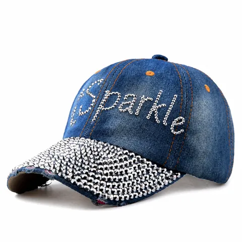 Berretto da Baseball in Denim con Strass da Donna Lettera Spark Distressed Cotone Lavato Cappello da Sole Bling Regolabile Estivo Hip Hop Trucker