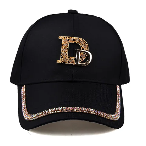 Casquette de Baseball Strass Femme Mode Sergé de Coton Bord Incurvé Chapeau de Soleil Lettre Alphabet Métallique Bling