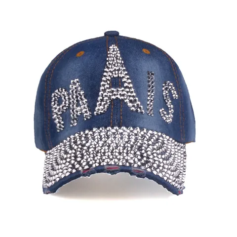 Cappellino da Baseball in Denim con Lettere Paris in Strass Donna Cotone Lavato Regolabile Cappello da Sole Hip Hop Trucker