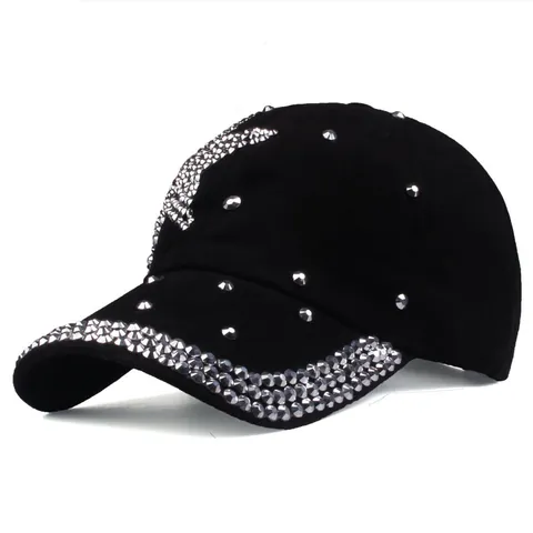 Women's Fashion Rhinestone Five-Pointed Star Baseball Cap Shiny Studded Adjustable Cotton Sun Hat Outdoor Casual Streetwear