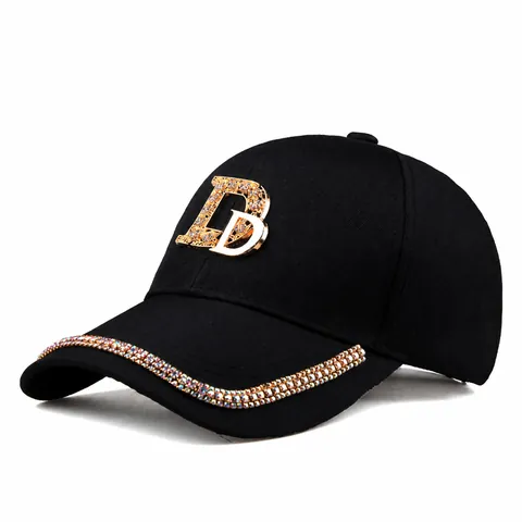 Casquette de Baseball Strass Femme Mode Sergé de Coton Bord Incurvé Chapeau de Soleil Lettre Alphabet Métallique Bling