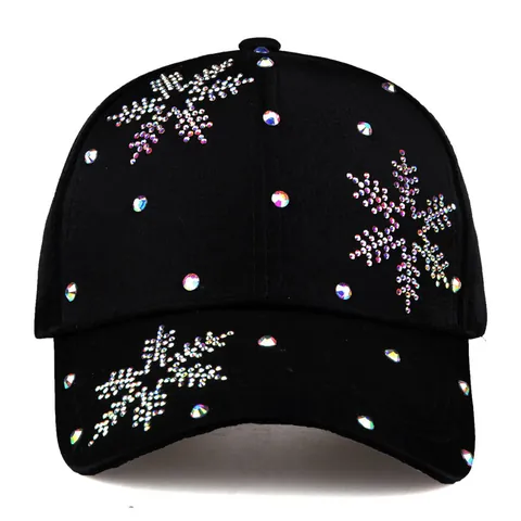 Mode Damen Schwarz Baseballkappe Mit Bunten Strass Schneeflocken Muster Breite Krempe Sonnenschutz Sommer Entenschnabel Hut
