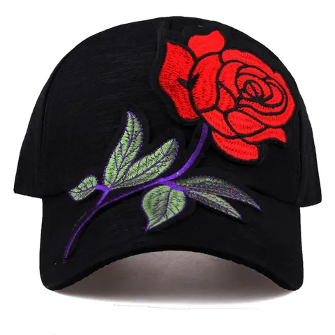 Berretto da Baseball in Cotone con Ricamo a Rosa da Donna Regolabile Casual All'aperto Parasole Visiera Curva Cappello Nero Bianco