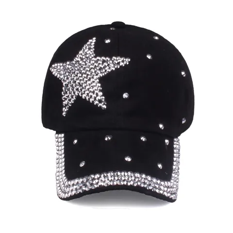 Women's Fashion Rhinestone Five-Pointed Star Baseball Cap Shiny Studded Adjustable Cotton Sun Hat Outdoor Casual Streetwear