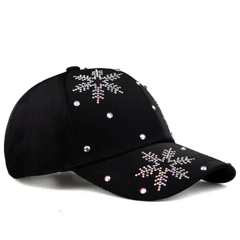 Mode Damen Schwarz Baseballkappe Mit Bunten Strass Schneeflocken Muster Breite Krempe Sonnenschutz Sommer Entenschnabel Hut