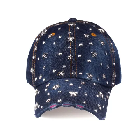 Women Distressed Denim Baseball Cap With Silver Star Rivets Rhinestone Embellished Sun Protection Retro Streetwear Hat