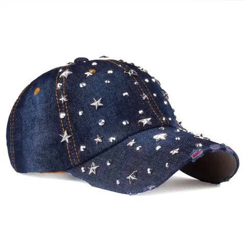 Women Distressed Denim Baseball Cap With Silver Star Rivets Rhinestone Embellished Sun Protection Retro Streetwear Hat