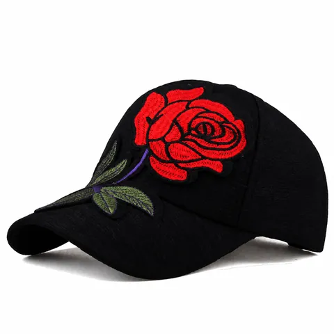 Dames Roos Borduurwerk Katoen Honkbalpet Verstelbare Casual Outdoor Zonnescherm Gebogen Rand Hoed Zwart Wit Mode Pet