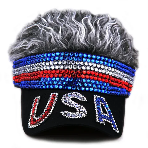 USA Rhinestone Baseball Cap With Creative Grey Wig Novelty Peaked Hat American Flag Sun Visor For Independence Day Party Accessory