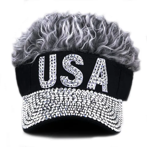 Women's USA Rhinestone Visor Hat With Novelty Wig Hair Adjustable Funny Sun Cap For Independence Day Party Performance Accessory