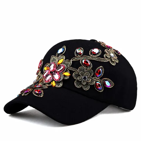 Luxury Rhinestone Floral Embroidery Baseball Cap For Women Fashion Colorful Crystal Cotton Denim Sun Hat Adjustable