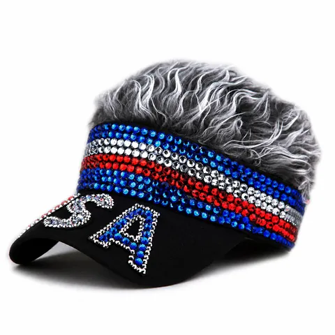 USA Rhinestone Baseball Cap With Creative Grey Wig Novelty Peaked Hat American Flag Sun Visor For Independence Day Party Accessory