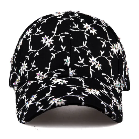 Women Fashion Floral Embroidery Baseball Cap With Rhinestone Sun Protection Outdoor Adjustable Cotton Blend Hat