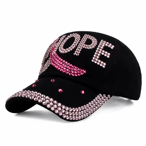 Berretto da Baseball alla Moda con Strass Hope e Nastro Rosa per Donna in Denim Cotone Regolabile Cappello Parasole